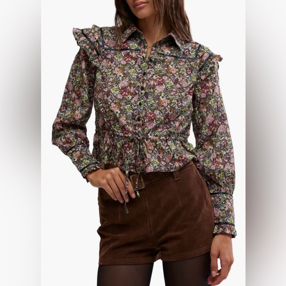 Free People Tops - 🌻🆕FREE PEOPLE Daybreak Floral Print Point Collar Neck Top-Black Combo-Size Small